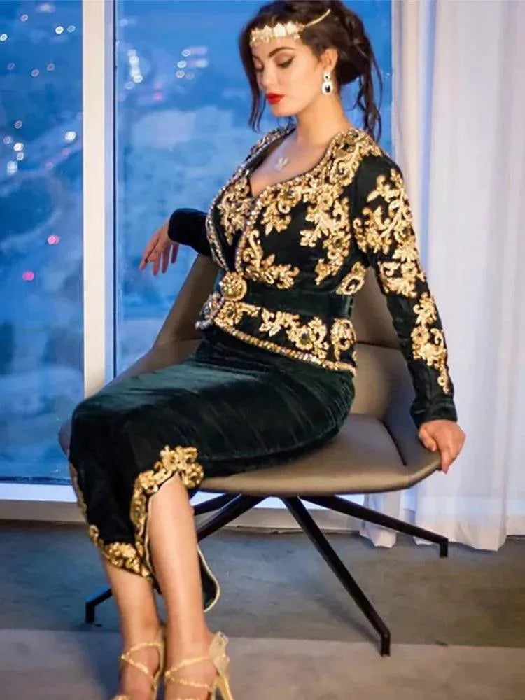 Dark Green Karakou Algerian Caftan Mermaid Evening Dresses 3 Peices Detachable Belt Prom Dress Gold Lace Party Gowns Dark green