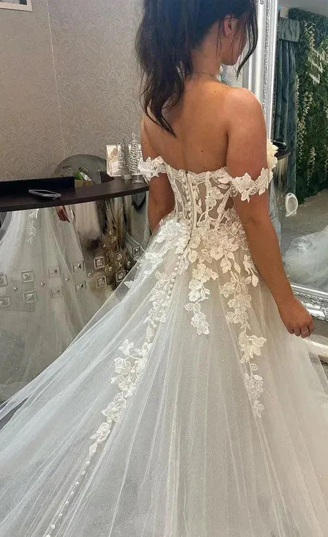 Boho Wedding Dresses A Line Off The Shoulder Sweetheart Neck Bridal Dress Lace Appliques Beading Wedding Ball Gowns Ivory Boho