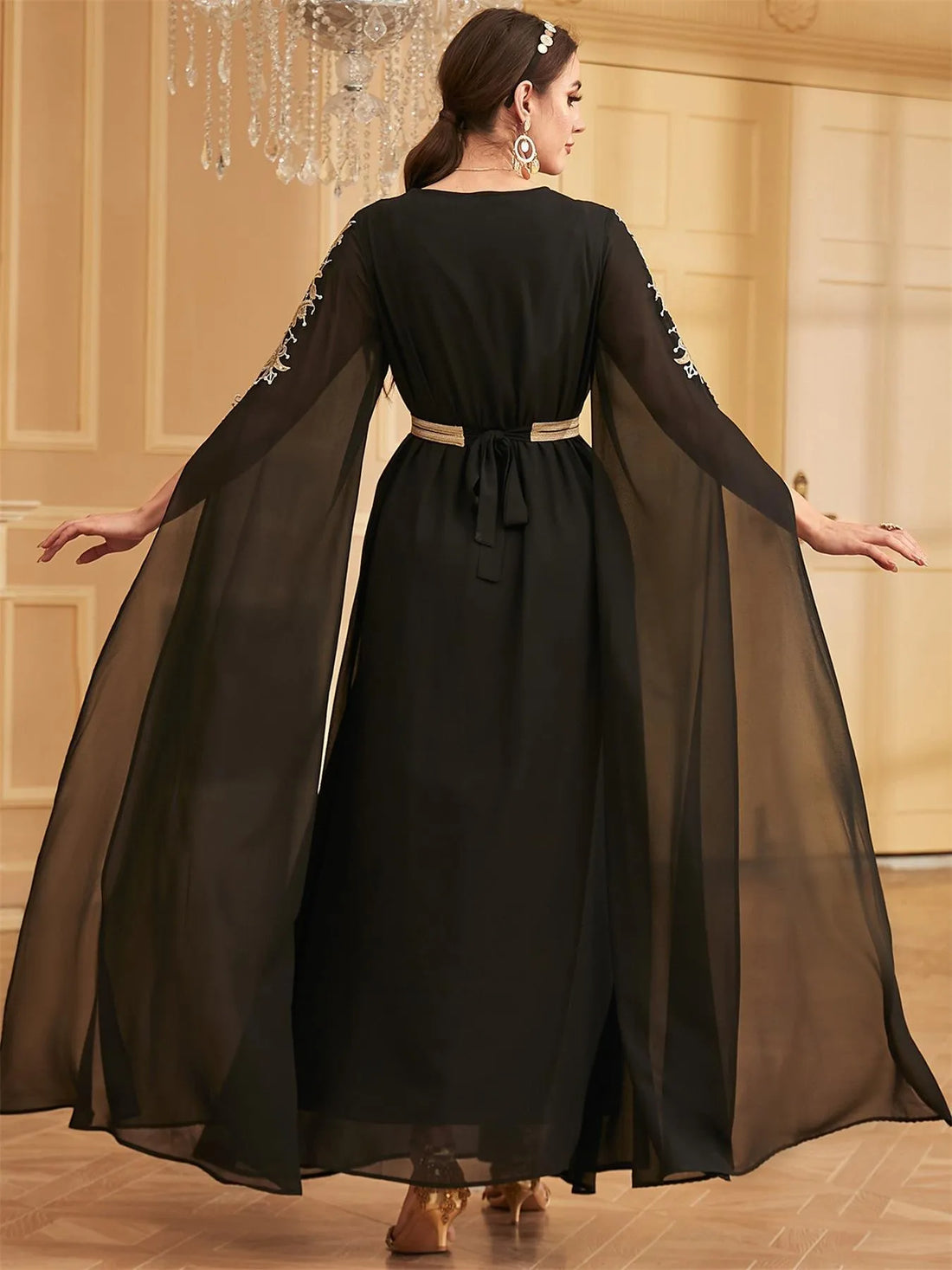 Dubai Fashion Elegant Super Long Sleeve Black Long Dresses Sequins Appliques Belted Party Abayas Arab Saudi Women Robe Black Dress