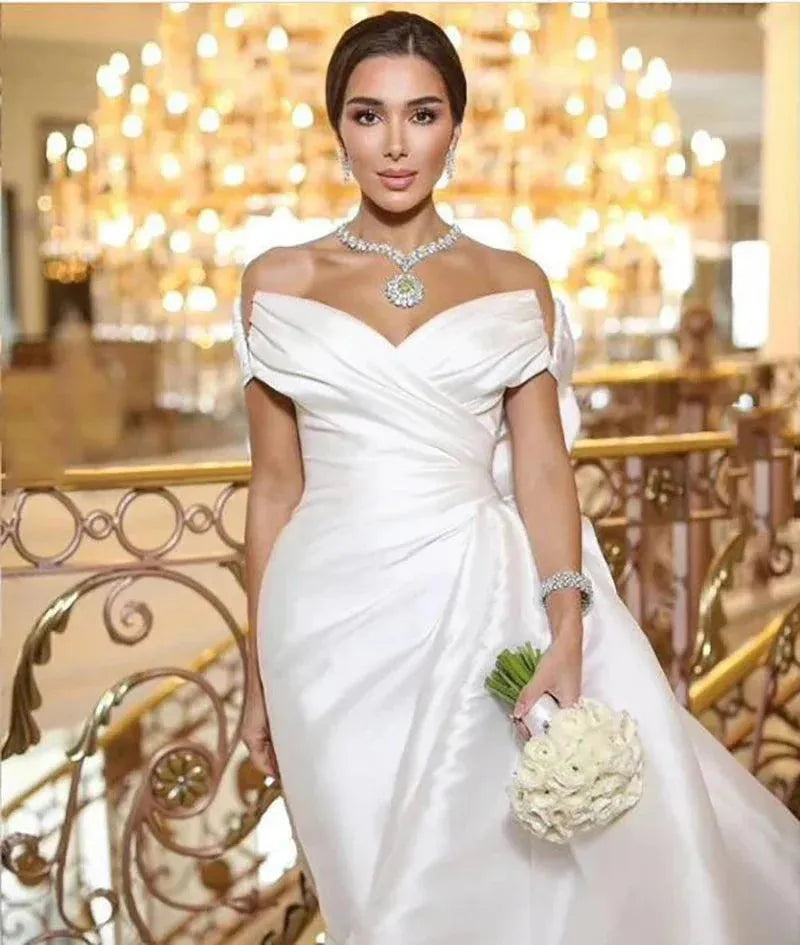 Princess Wedding Dress With Long Train Satin Mermaid Bride Dresses Off The Shoulder Wedding Party Dress Long Train White Satin