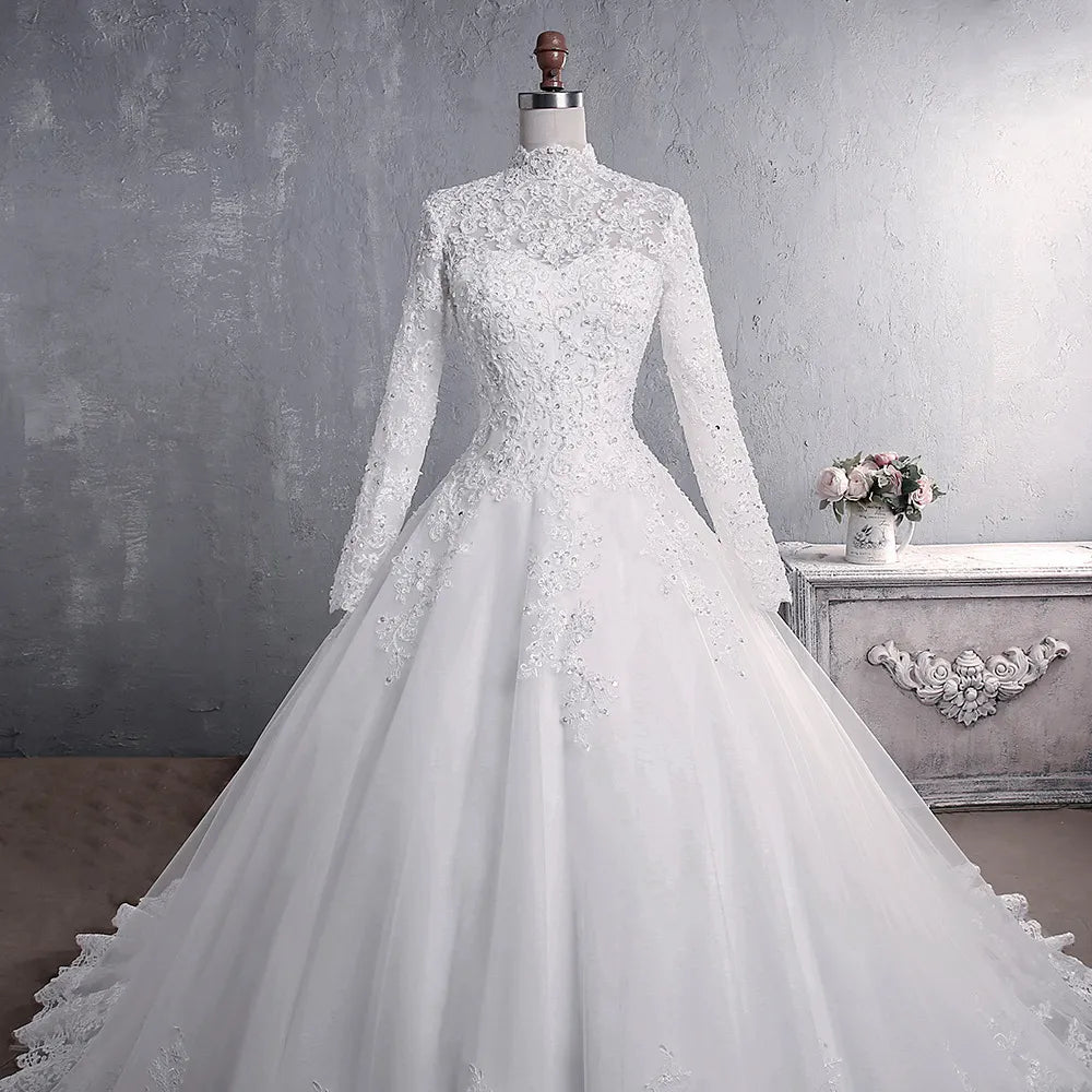 Robe de mariée musulmane élégante cou high avec train princesse mariée robe de luxe en dentelle robe de mariage vestiaire vestido de noiva