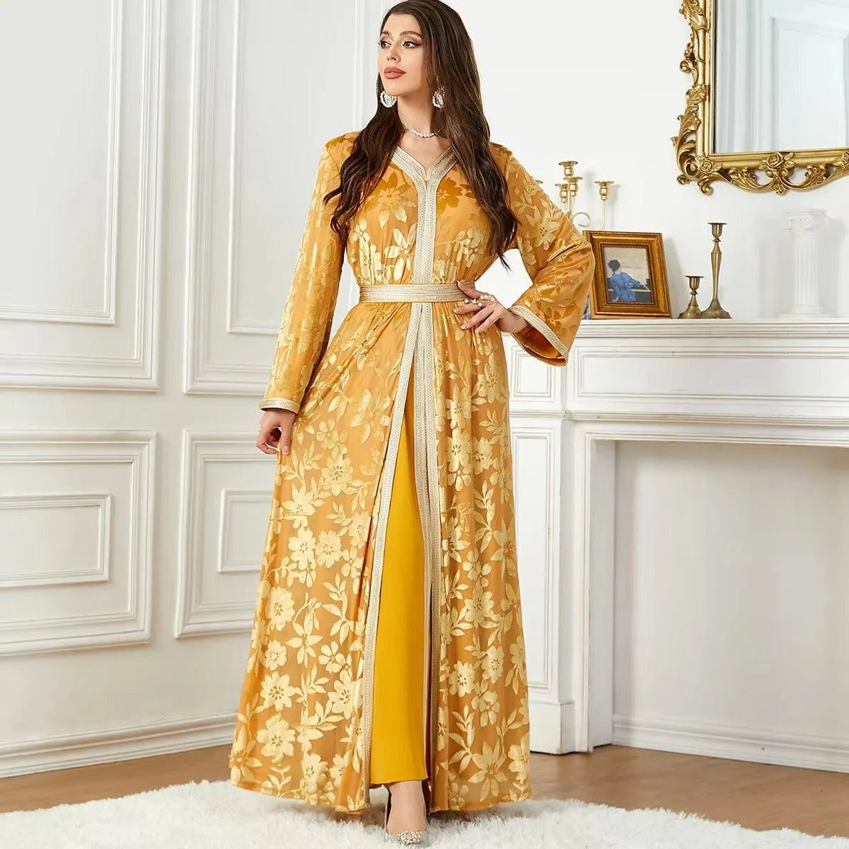 Fashion Autumn Winter Printing Velvet Evening Party Set With Sashes  Jalabiyat Dubai Moroccan Long Sleeve V-Neck Gown