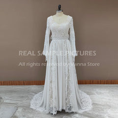 Customized Hippie Boho Beach Elopement Backless Wedding Dress Chiffon Long Sleeves Big Size Photoshoot V Neck Lace Bridal Gown