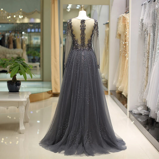 Customized Plunging V Neck Long Sleeve Evening Dress Sparkly Rhinestone Beading Crystal Formal Gown Backless Robe De Soiree