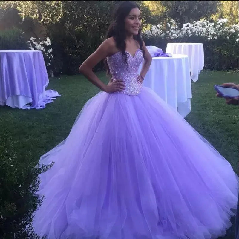 Quince Dress | Luxury Tulle Ball Gown Quinceanera Dresses Long Beaded Crystals Sweetheart Lavender 15 Year Vestidos De 15 Anos Sweet 16 Dresses