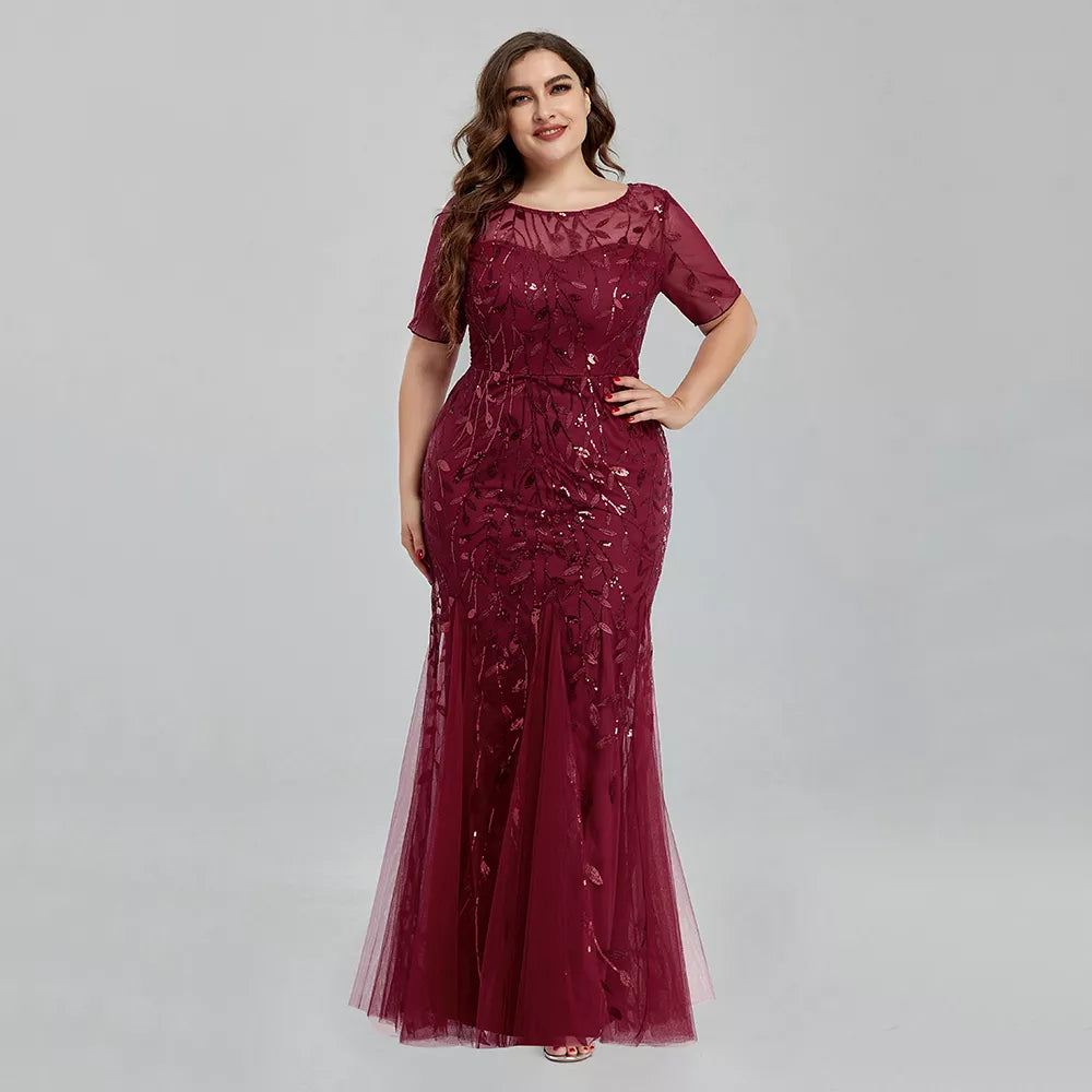 Frauen Plus -Größe Pailletten Mesh Stickerei Mermaid Abendkleid formelle Kurzarm Elegante Party -Promkleider 2020 Neues langes Kleid