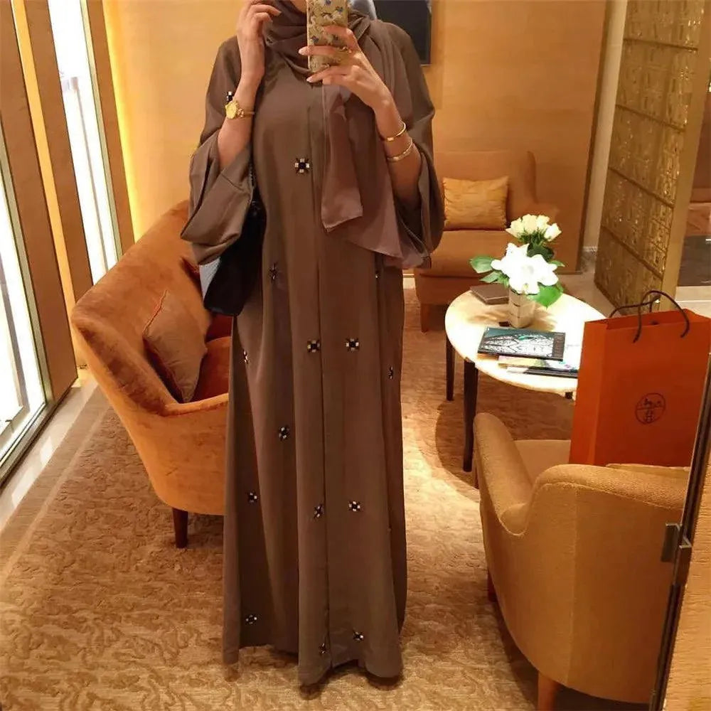 Muslim Women Abaya Long Maxi Dress Dubai Beads Kimono Turkish Open Cardigan Clothing Islam Ramadan Robe Eid Middle East Jalabiya Khaki