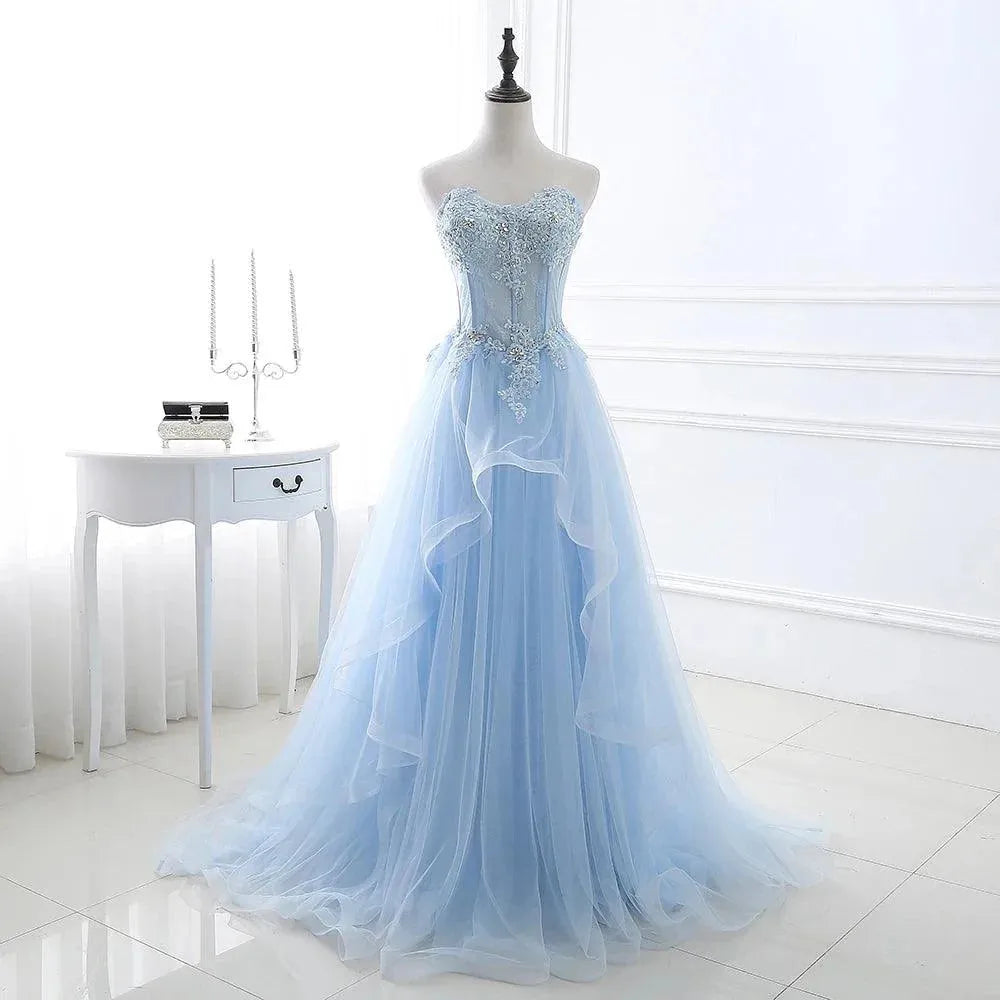 Customized Light Blue Prom Dresses Long Sexy Sweetheart A-Line Tulle Lace Applique Beaded Crystal Women Formal Party Gown