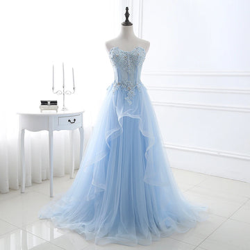 Customized Light Blue Prom Dresses Long Sexy Sweetheart A-Line Tulle Lace Applique Beaded Crystal Women Formal Party Gown