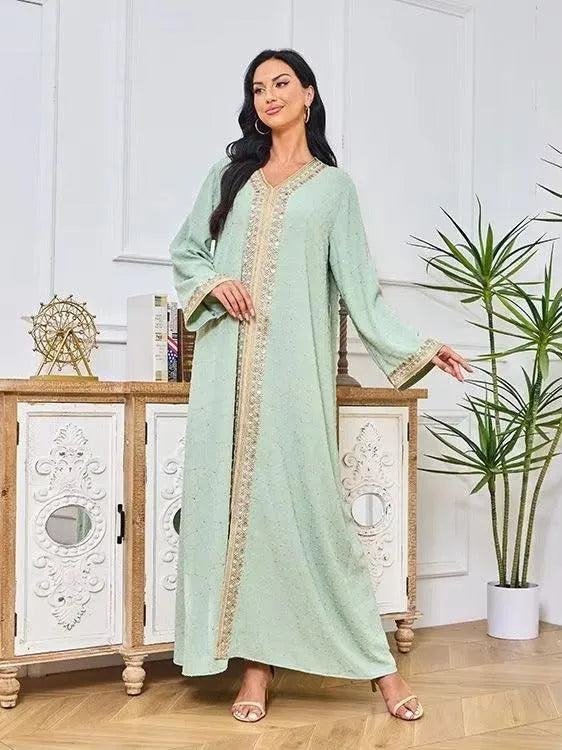 Turkish Abaya For Women Fashion Chic Tape Trim Full Sleeve V-Neck Belted Clothing Muslim Elegant Long Dresses Female Green Dress