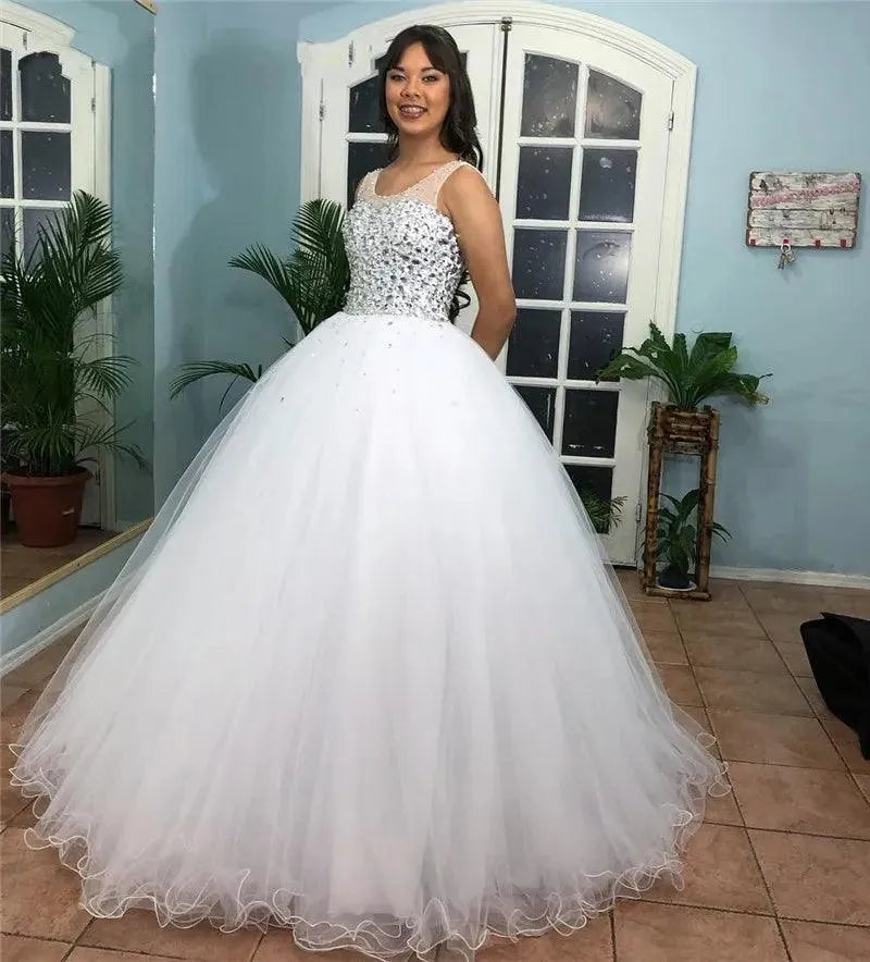 Quince Dress | Cap Shoulder Sheer Neck Ball Gown Quinceanera Dresses 15 Party Sparkly Crystals Beaded Robe De Mariee Formal Wedding Dresses White