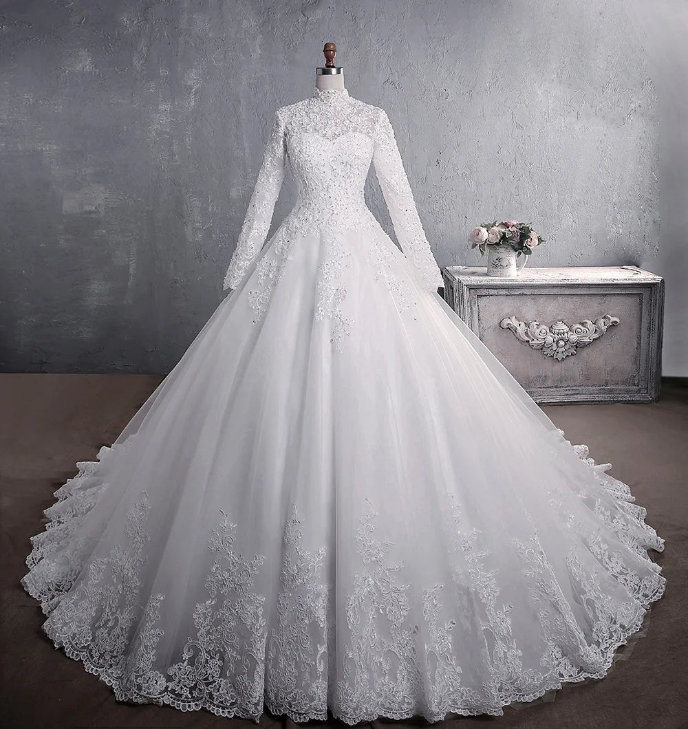 Robe de mariée musulmane élégante cou high avec train princesse mariée robe de luxe en dentelle robe de mariage vestiaire vestido de noiva