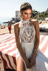 Abito da sposa in spiaggia Boho sposa abito da sposa cazzo in pizzo top chiffon sexy gonna a fessura a fessura lunga abiti da sposa senza schienale