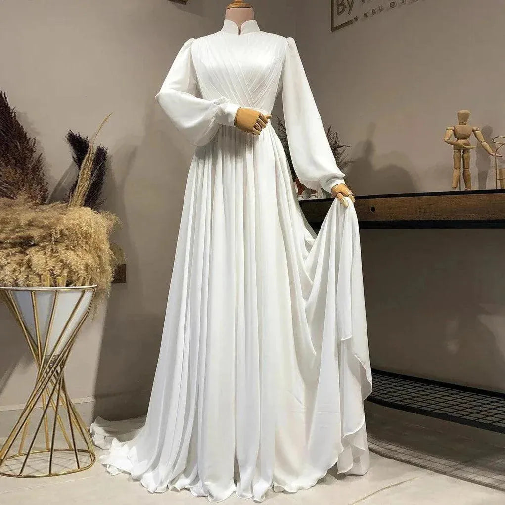 Elegant Ivory Long Sleeves Muslim Wedding Dresses Bridal Gowns Simple Vestido De Novia A-line Chiffon Bride to be Dress White