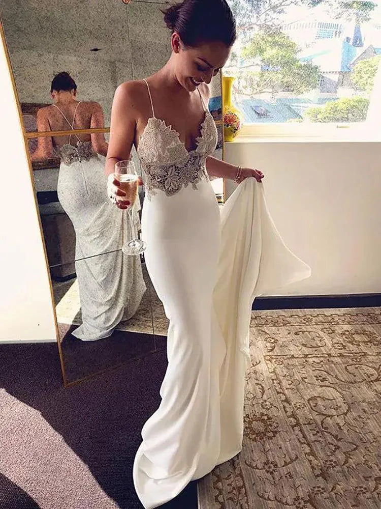 Mermaid Wedding Dress Soft Satin Vestidos de novia Vintage Lace Spaghetti Strap Bridal Dresses Wedding Gowns Ivory 100cm