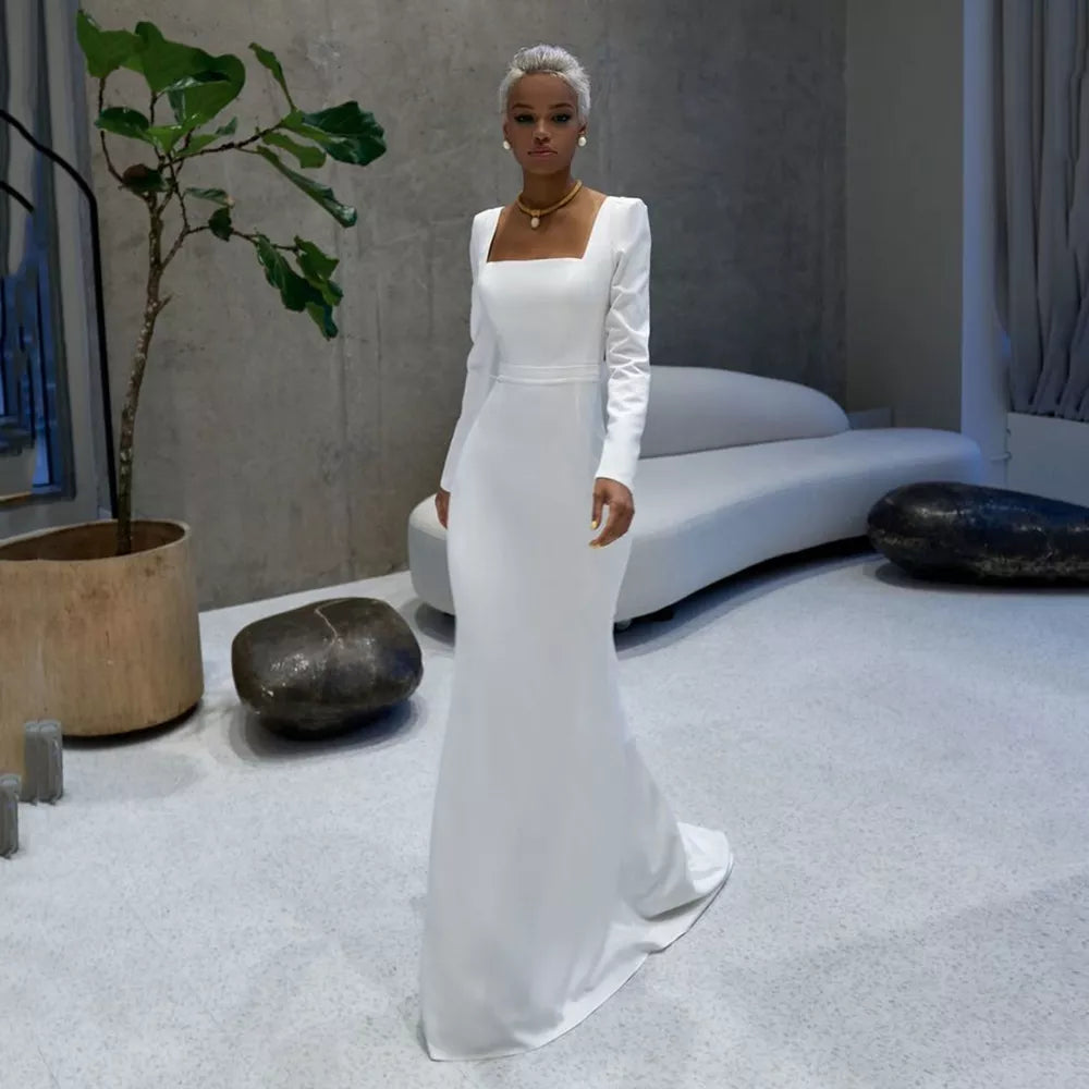 Ivory A Line Satin Wedding Dress Square Neck Long Puff Sleeves Bridal Gown With Belt Brides Dress Vestido De Novia