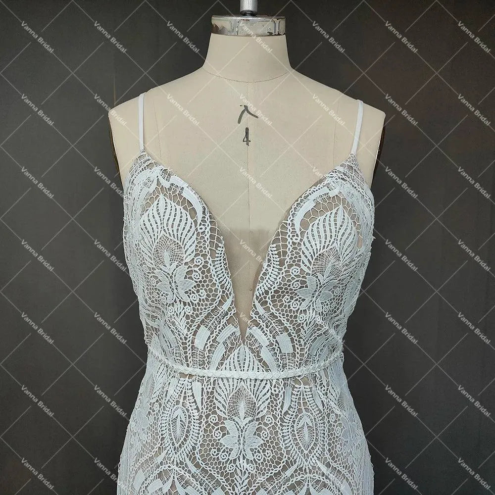 Spaghetti Strap Lace Mermaid Wedding Dress Boho Beach Rustic Open Back Backless Cut Out Country Sweep Train Bridal Gowns