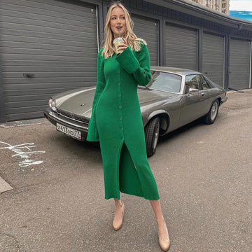 2025  Autumn Bodycon Dress Sweater Knitted Green Women Sexy Midi Split V Neck Long Sleeve Casual Dresses Party Vestidos