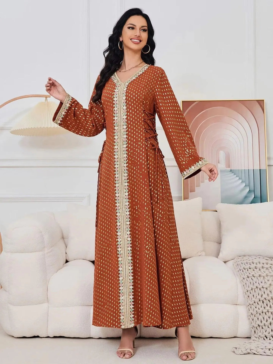 Fashion Gold Stamping Belted Abaya Dubai Islamic Clothing Tape Trim Long Sleeve V-Neck Elegant Women Dress Arab Caftan Light Brown Dress