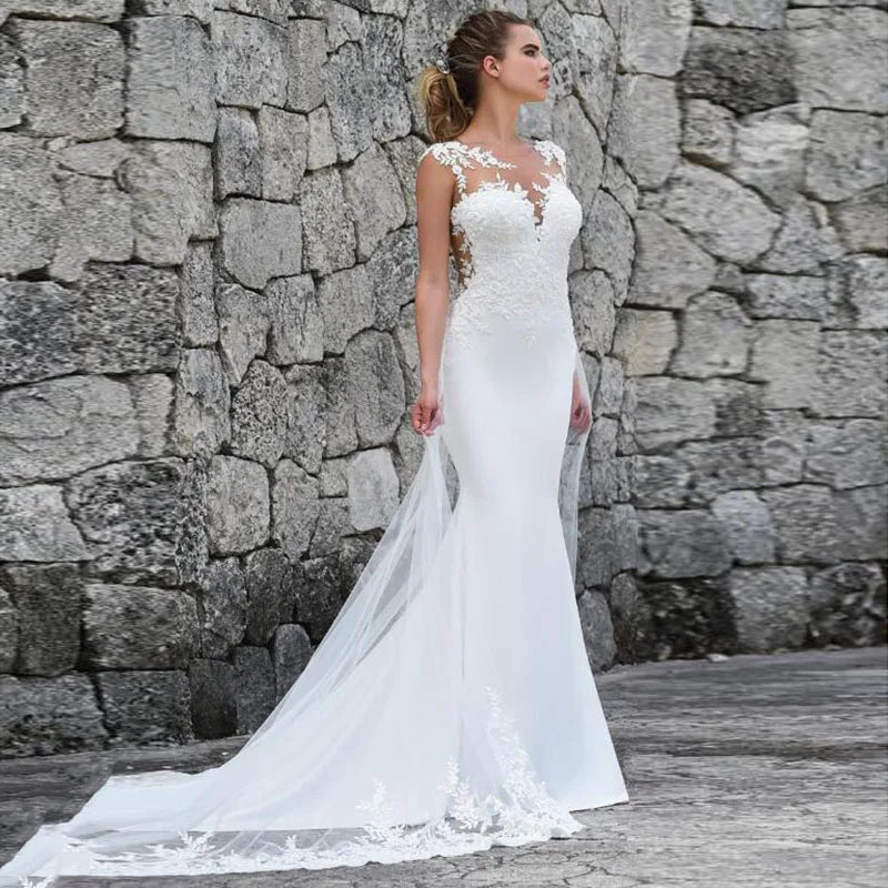 Vestido de novia de sirena sexy con espalda transparente y sin mangas con apliques de encaje para novia 