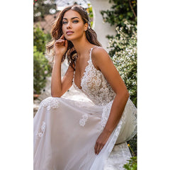 Vestido de novia largo estilo bohemio con escote en A, espalda descubierta, flores 3D, tirantes finos, estilo princesa, largo hasta el suelo 