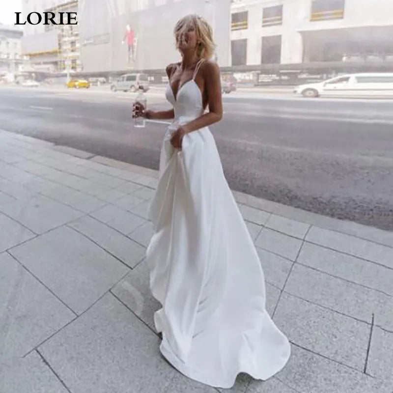 Slik Satin A-Linie Brautkleider Strand Spaghettiträger V-Ausschnitt Brautkleider Abito Da Sposa Rückenfreie Brautkleider 