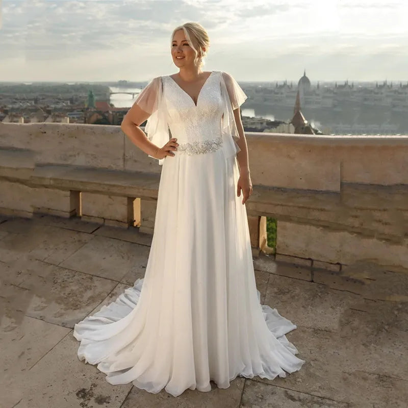 Abiti da sposa boho in chiffon taglie forti a V-Line a V-Line con abito da sposa su misura di grandi dimensioni di grandi dimensioni.