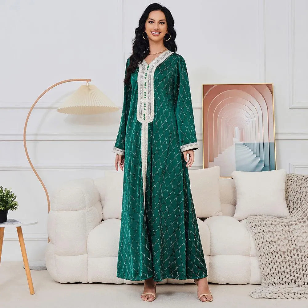 Arab Women Clothing Diamonds Casual Loose Long Sleeve V-Neck Abaya Jalabiyat Moroccan African Evening Party Caftan Green Dress