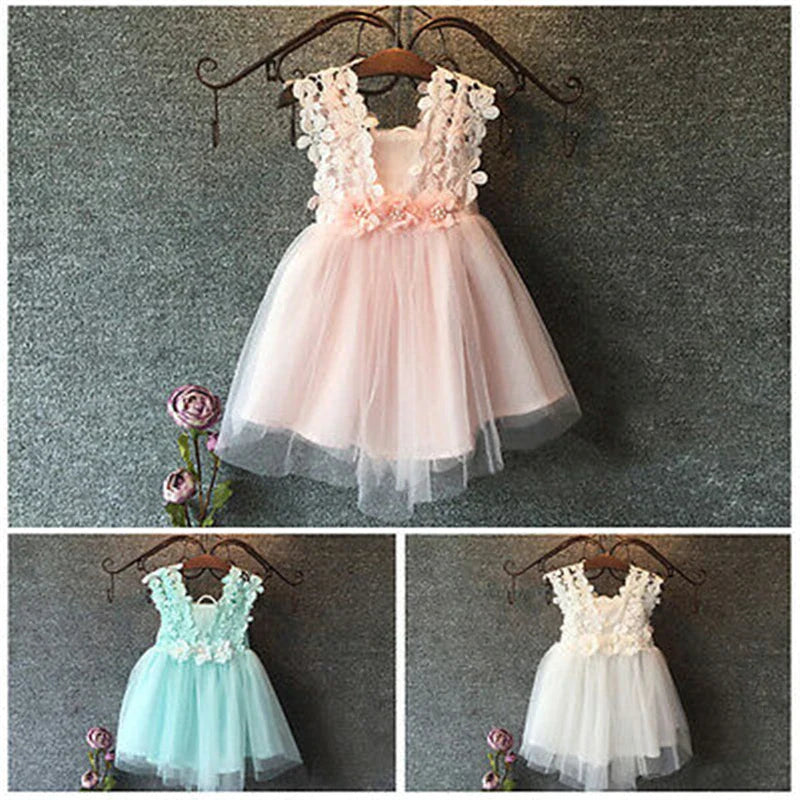 Venta al por mayor de vestidos de tul de encaje para niñas pequeñas, vestidos de princesa para fiestas, bodas y cumpleaños, sin mangas de verano 