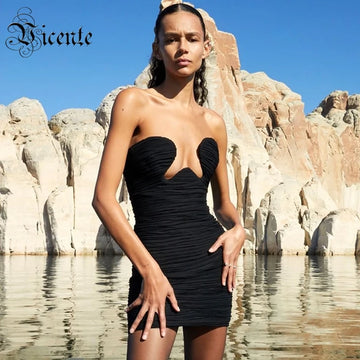 VC Trendy Draped Design Woman Sexy Strapless Sleeveless Celebrity Party Club Mesh Black Mini Dress Vestido