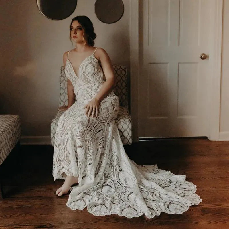Spaghetti Strap Lace Mermaid Wedding Dress Boho Beach Rustic Open Back Backless Cut Out Country Sweep Train Bridal Gowns