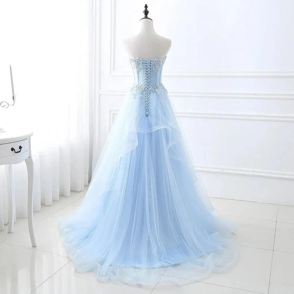 Customized Light Blue Prom Dresses Long Sexy Sweetheart A-Line Tulle Lace Applique Beaded Crystal Women Formal Party Gown