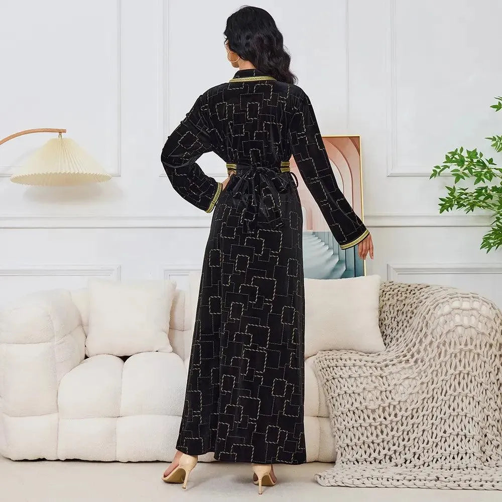 475618 Code Autumn Winter Velvet Black Long Dress Gold Stamping Long Sleeve V ...