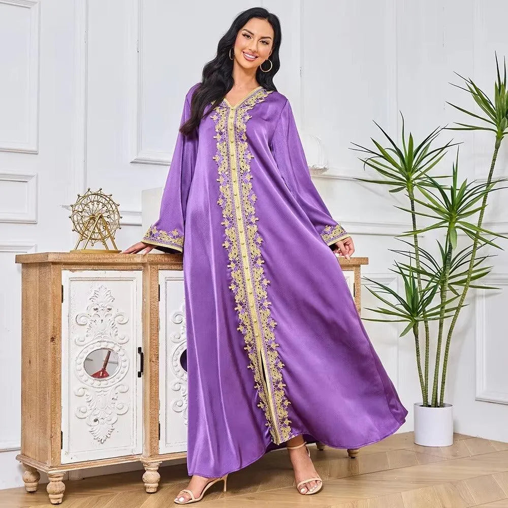 Abayah For Women Dubai Chic Solid Full Sleeve V-Neck Belted Clothing Elegant Casual Moroccan Long Dress Purple Dress