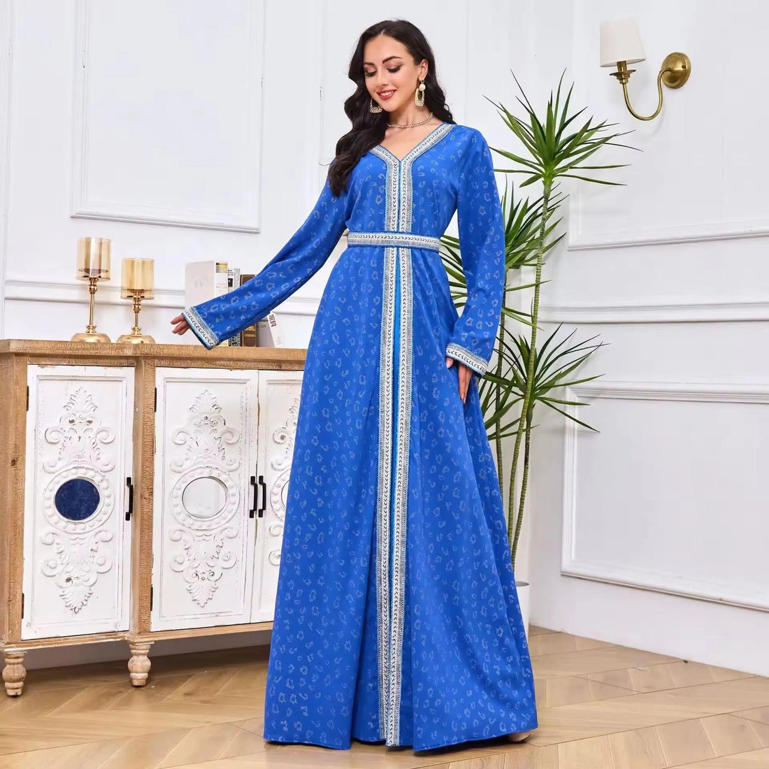 Fashion Arab Abaya Woman Tape Trim Full Sleeve V-Neck Belted Clothing Elegant Muslim Female Long Dresses Blue Dress