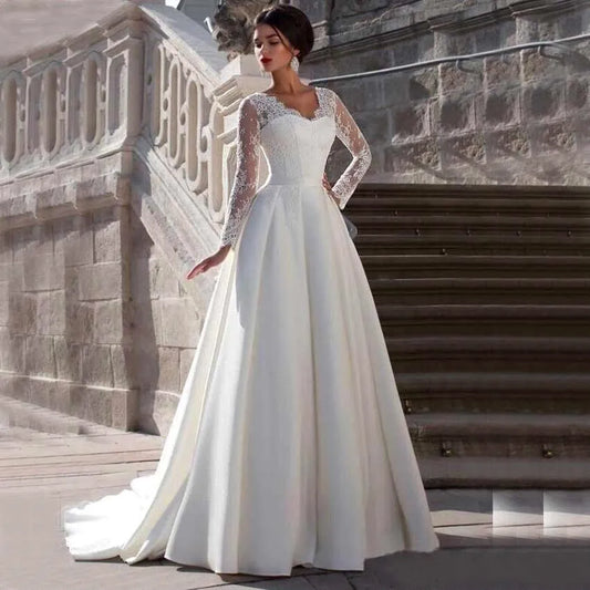 Modesto pizzo applicato Abito da sposa in raso a-line V del collo a pezzi a manica lunga per donne principessa Robe de mariee personalizza