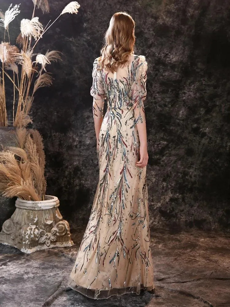 Customized Gorgeous Evening Dresses New Arrival Sequined Lace Champagne Mermaid Formal Prom Gown with 3/4 Sleeves