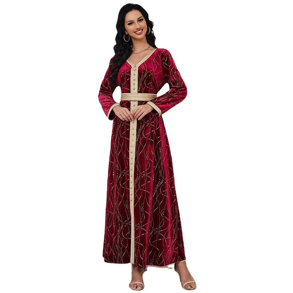Velvet Autumn Winter Gold Stamping Fashion Red Evening Gown Elegant Long Sleeve V-Neck Abaya With Sashes Muslim Women Red Dress