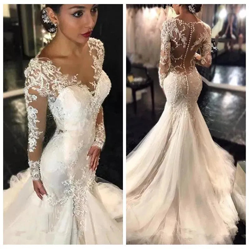 Lace Mermaid Wedding White Dresses Dubai African Arabic See Through Wedding Dress Long Sleeves Slim Fishtail Bridal Gowns 2024 custom colour