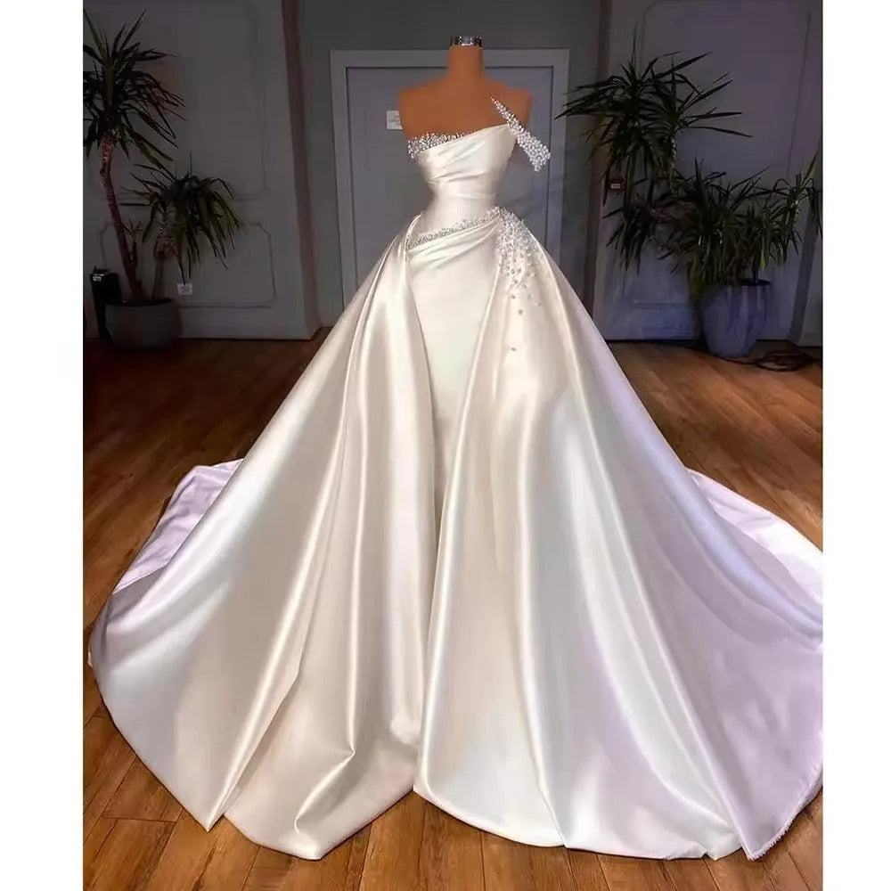 Luxury Detachable Train Mermaid Wedding Dresses For Woman Sexy Pearl Satin Formal Elegant Party Bridal Gowns Robe De Mariée Mermaid
