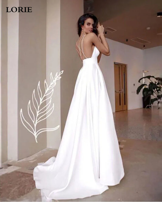 Slik Satin A Line Wedding Dresses Beach Spaghetti Straps V Neck Bride Glows Abito Da Sposa rygglösa bröllopsklänningar