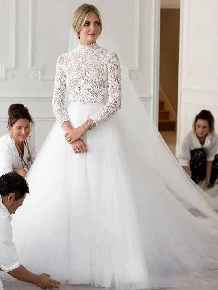 Muslim Wedding Dresses Long Sleeve High Princess Lace Bride Dresses Side Split Boho Vestidos de novia ivory