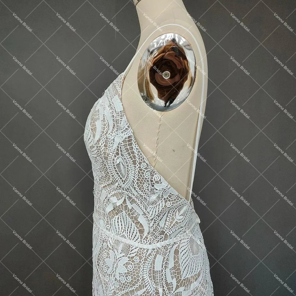 Spaghetti Strap Lace Mermaid Wedding Dress Boho Beach Rustic Open Back Backless Cut Out Country Sweep Train Bridal Gowns