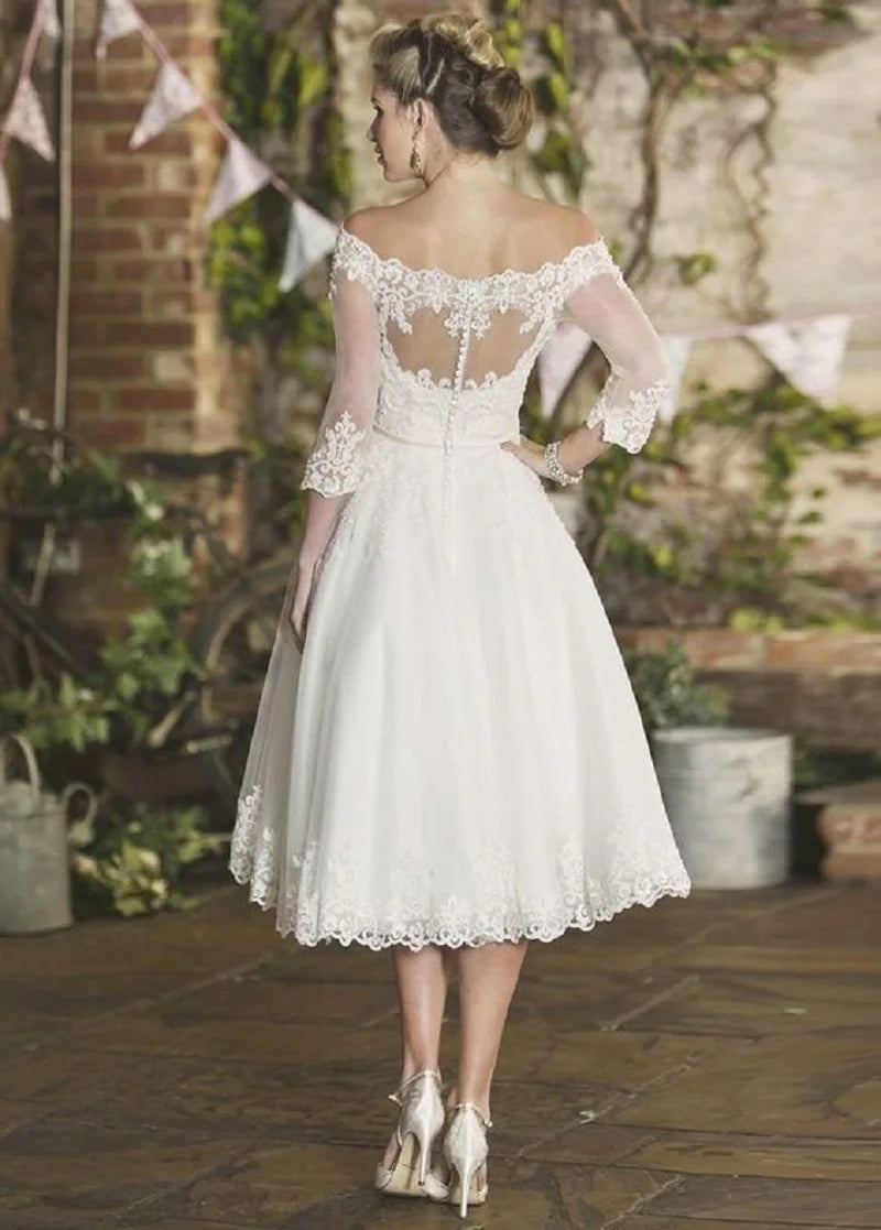 Abito da sposa corto fuori spalla Elegante tè a mezza manica Appliques da sposa da sposa Appliques da sposa Vestidos de noni