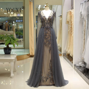 Customized Plunging V Neck Long Sleeve Evening Dress Sparkly Rhinestone Beading Crystal Formal Gown Backless Robe De Soiree