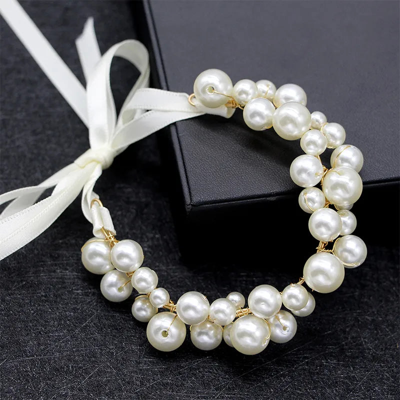 Girls Pearl Crystal Wrist Corsage Bridesmaid Children's Hand Flower Marriage Beautiful Bride Wedding Bracelets Fashion Jewelry