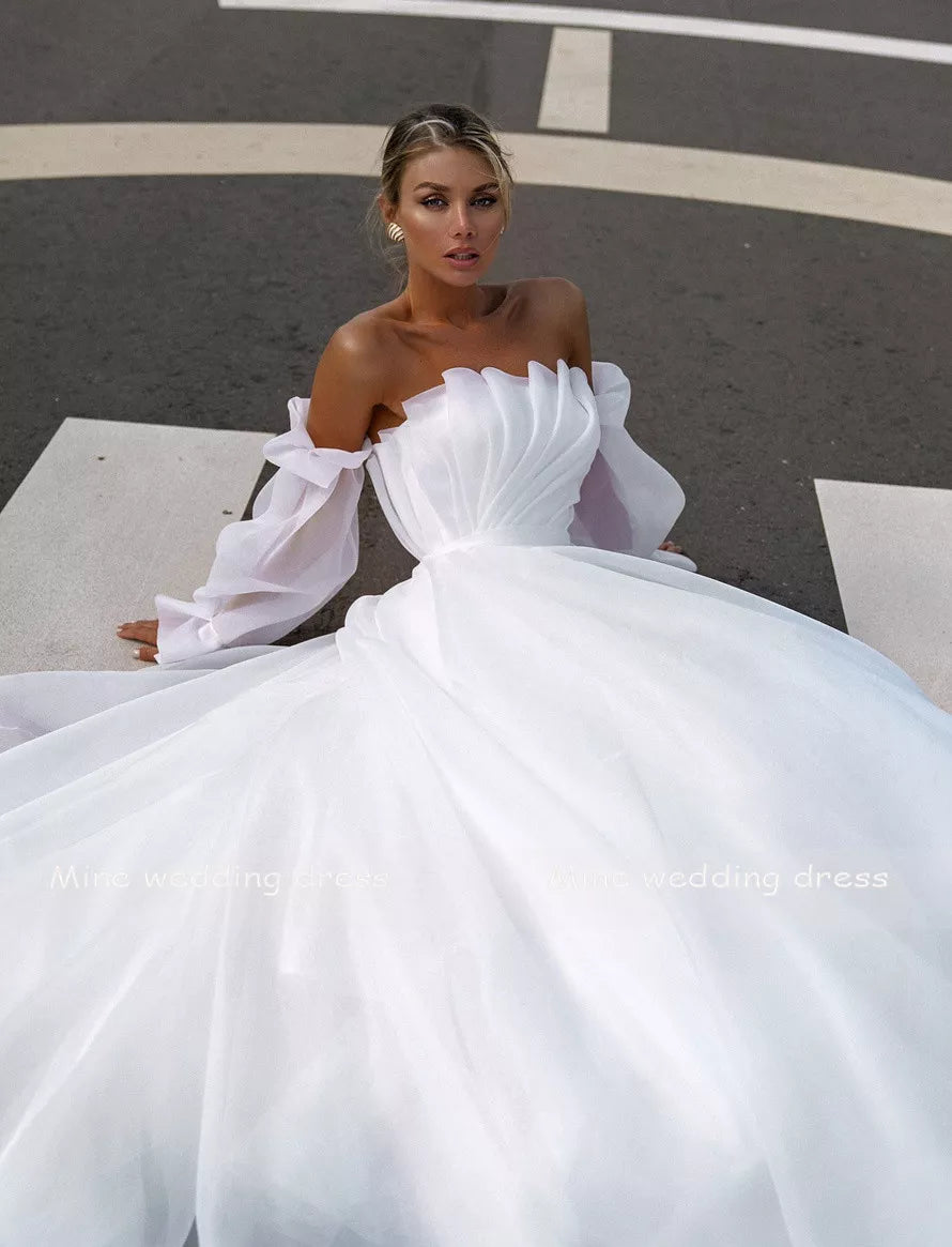 Boat Neck Detachable Puff Sleeve  Pleats A-Line Wedding Dresses Bridal Gowns Vestido De Noiva Custom Made