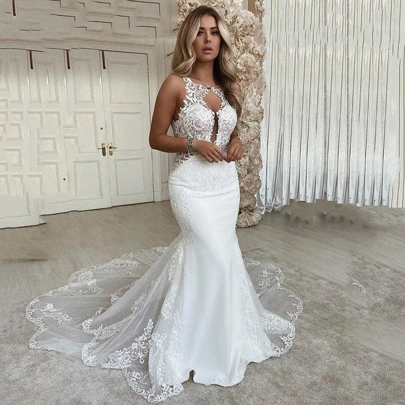 Sexy Mermaid Wedding Dresses Scoop neck Lace Appliques Bride Dress Open Back Country Bridal Gown Vestido de novie White