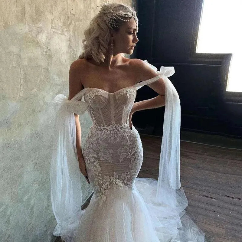 Sexy Mermaid Wedding Dresses Champagne Bride Dress Lace off Shoulder Vestido de Noiva Sereia Berta Wedding Gowns Pink