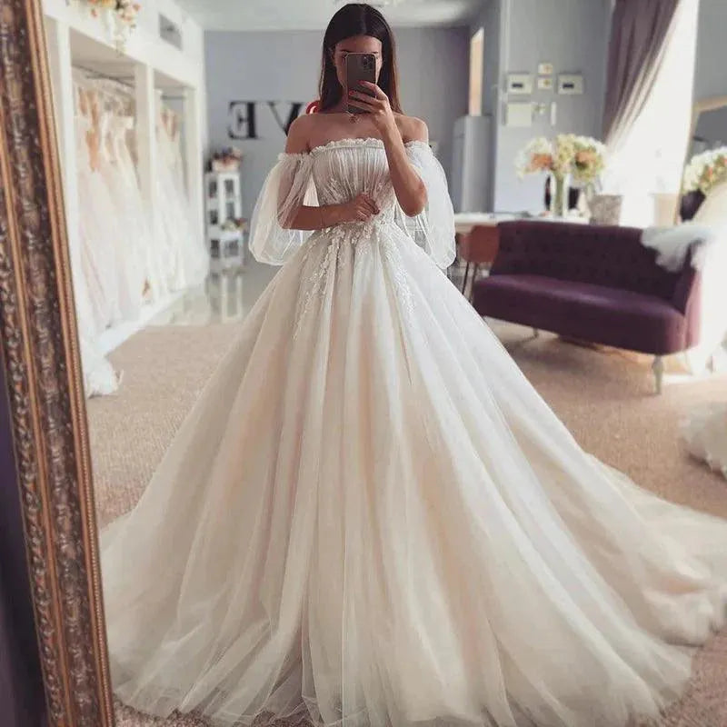 Fairy Boho Wedding Dresses Puff Sleeve Princess Vintage Bride Dress Lace Wedding Gowns Corset Back Strapless Robe de Mariee Boho